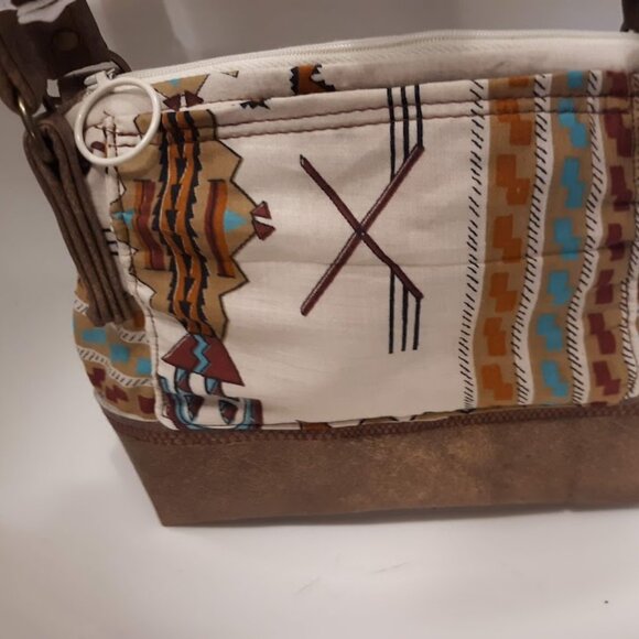 New Vinyl Double handle Shoulder Satchel Bag Purse Brown Aqua Southwestern print - Picture 9 of 12
